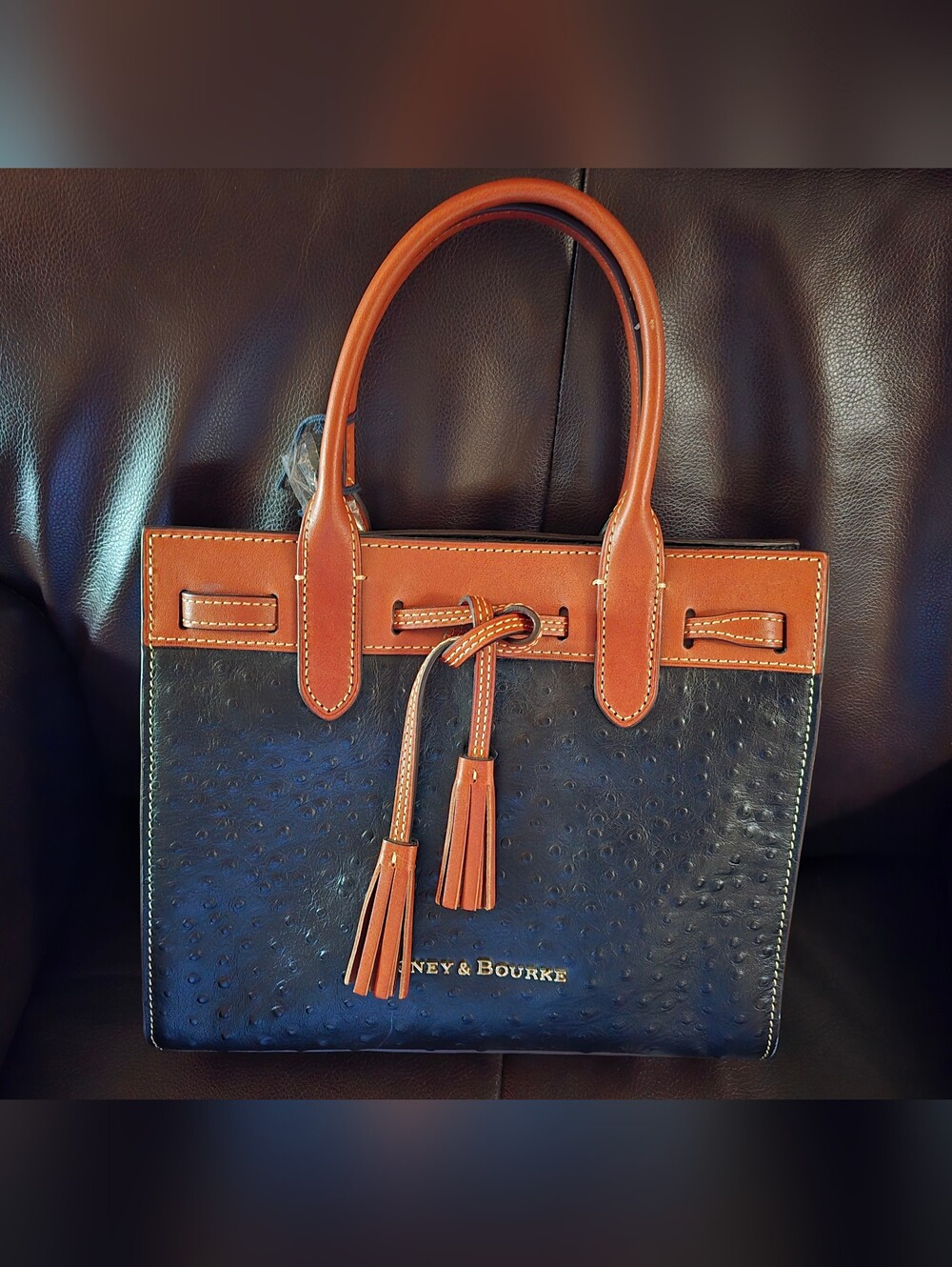 Dooney & Bourke Two-Tone Leather Ostrich Tote - Black and Tan